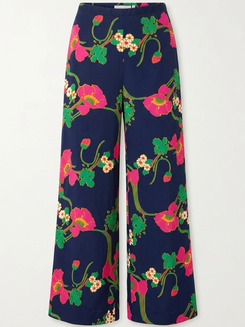 Vintage Wide-Leg Floral Pants - Navy, Hot Pink & Green